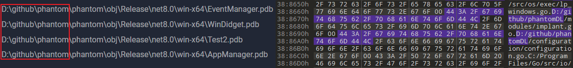 PDB-пути PhantomRAT и пути Go-файлов проекта загрузчика PhantomDL