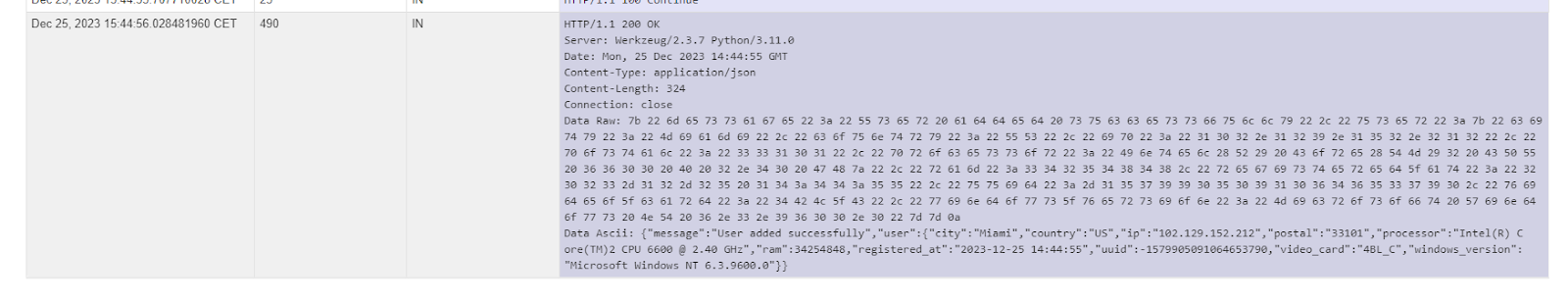 криншот отправленного пакета на С2 с информацией о зараженной системе