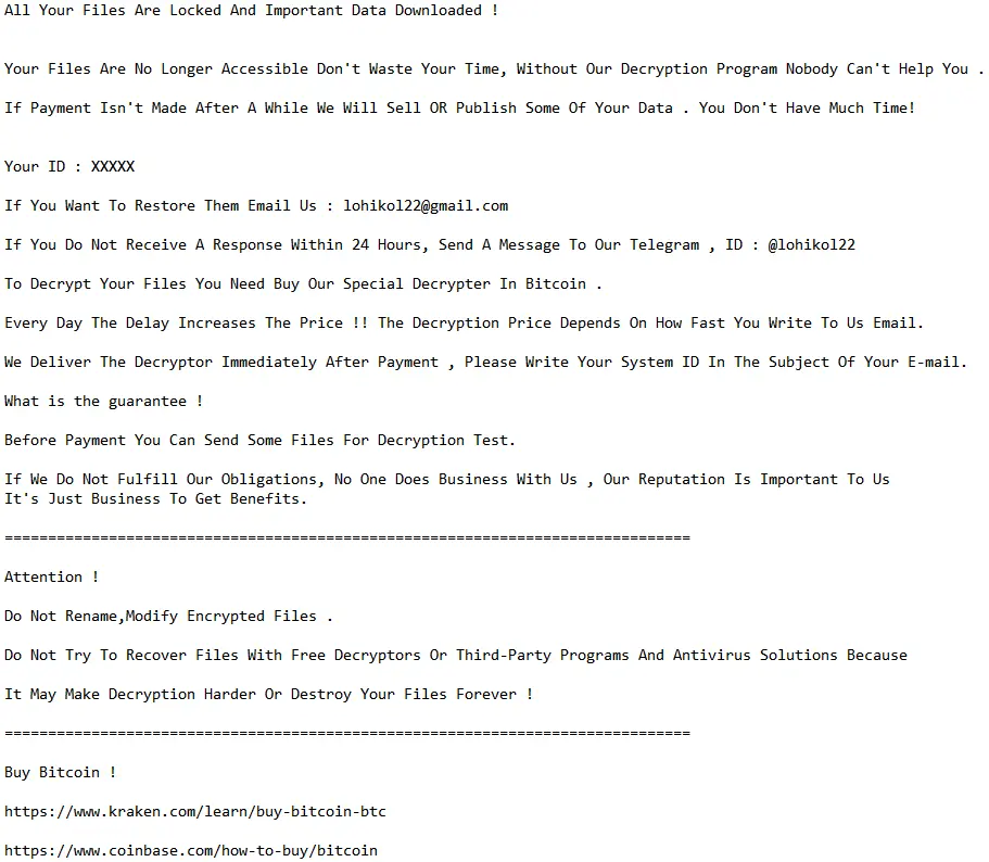 Содержимое текстового файла с требованием выкупа за расшифровку данных RCRU64