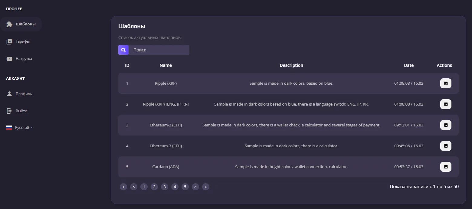 Пример веб-версии панели управления 