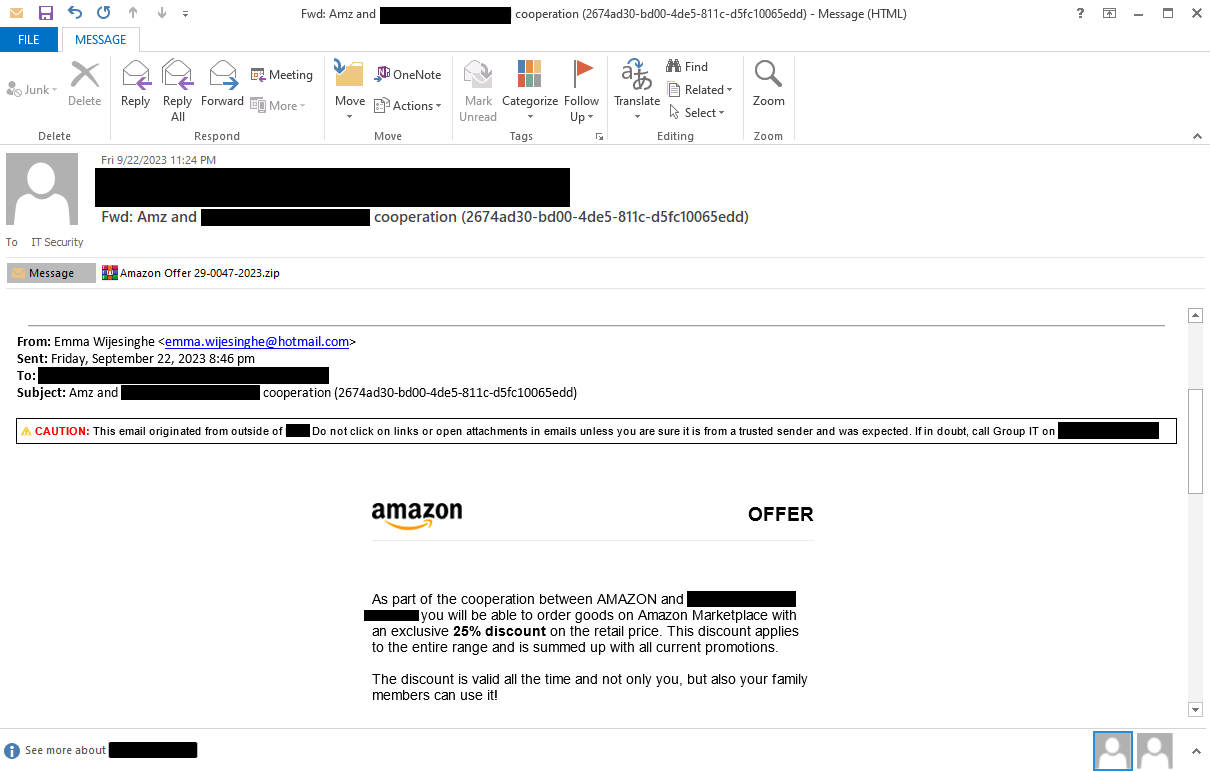 Письмо RedCurl, мимикрирующее под Amazon.