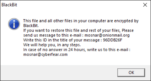 Сообщение о шифровании, открываемое при открытии файлов ".BlackBit"