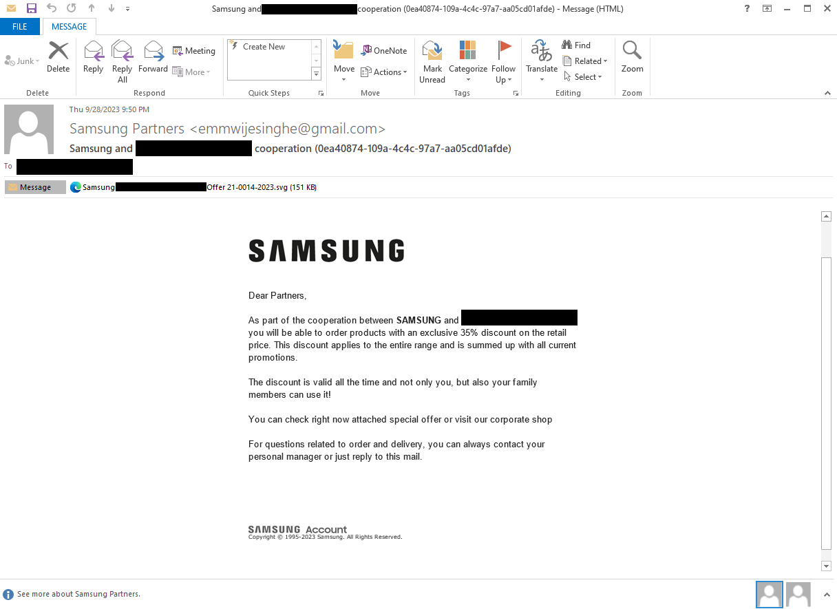 Письмо RedCurl, мимикрирующее под Samsung